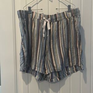 Blue striped linen style shorts, elastic waist